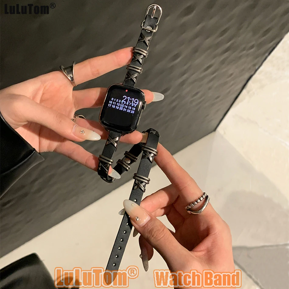 

Metal Punk Leather Strap For Apple Watch Band Ultra 49 38 41 40 44 45 42 MM Wriststrap IWatch Series 9 8 7 6 SE 5 4 3 Bracelets