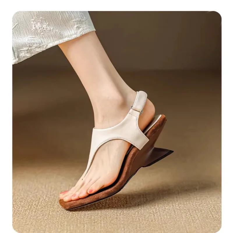 Toe Sandals Women\'s 2024 New Summer Outer Wear Cowhide Slope-heeled High-heeled Roman Shoes Design Niche Womens Shoes