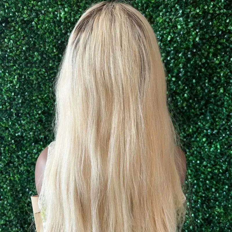 24 Inch Donkere Wortel Lange Rechte Synthetische Haar Kanten Pruiken Voor Vrouwen Ombre As Blonde Gekleurde Accent Pruik Kant Frontale Pruik