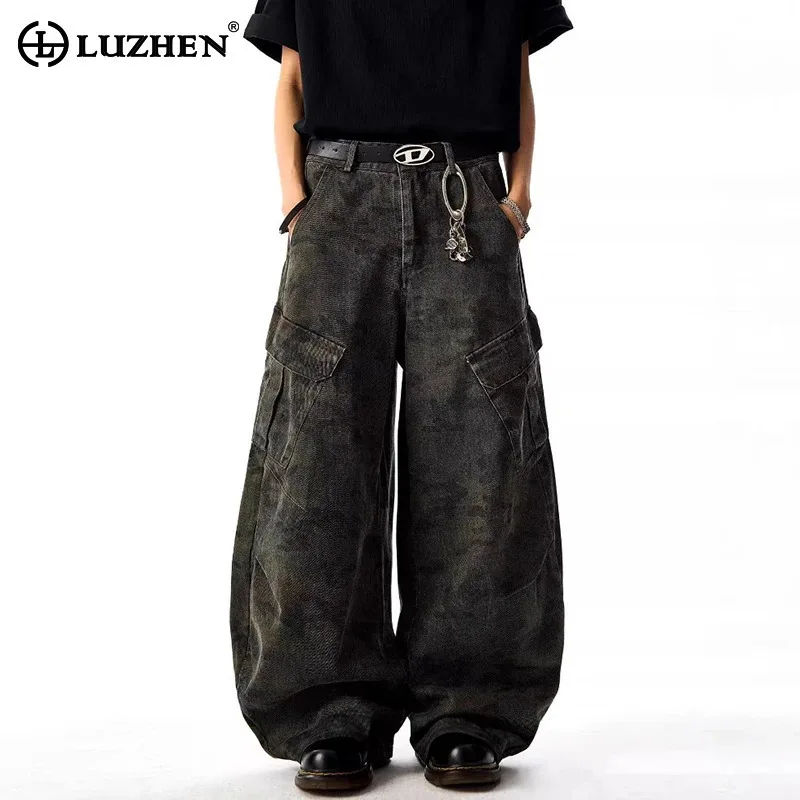 LUZHEN American Style Multi Pockets Decorate Loose Straight Denim Pants Men 2025 New Original Design Wide Leg Male Jeans JY3093