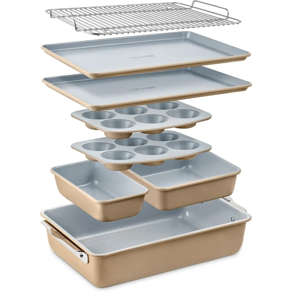 8-Piece Stackable Bakeware Set - Ceramic Non-Stick Coating, Baking Sheets, Assorted Baking Pans, PTFE, Healthy Baking