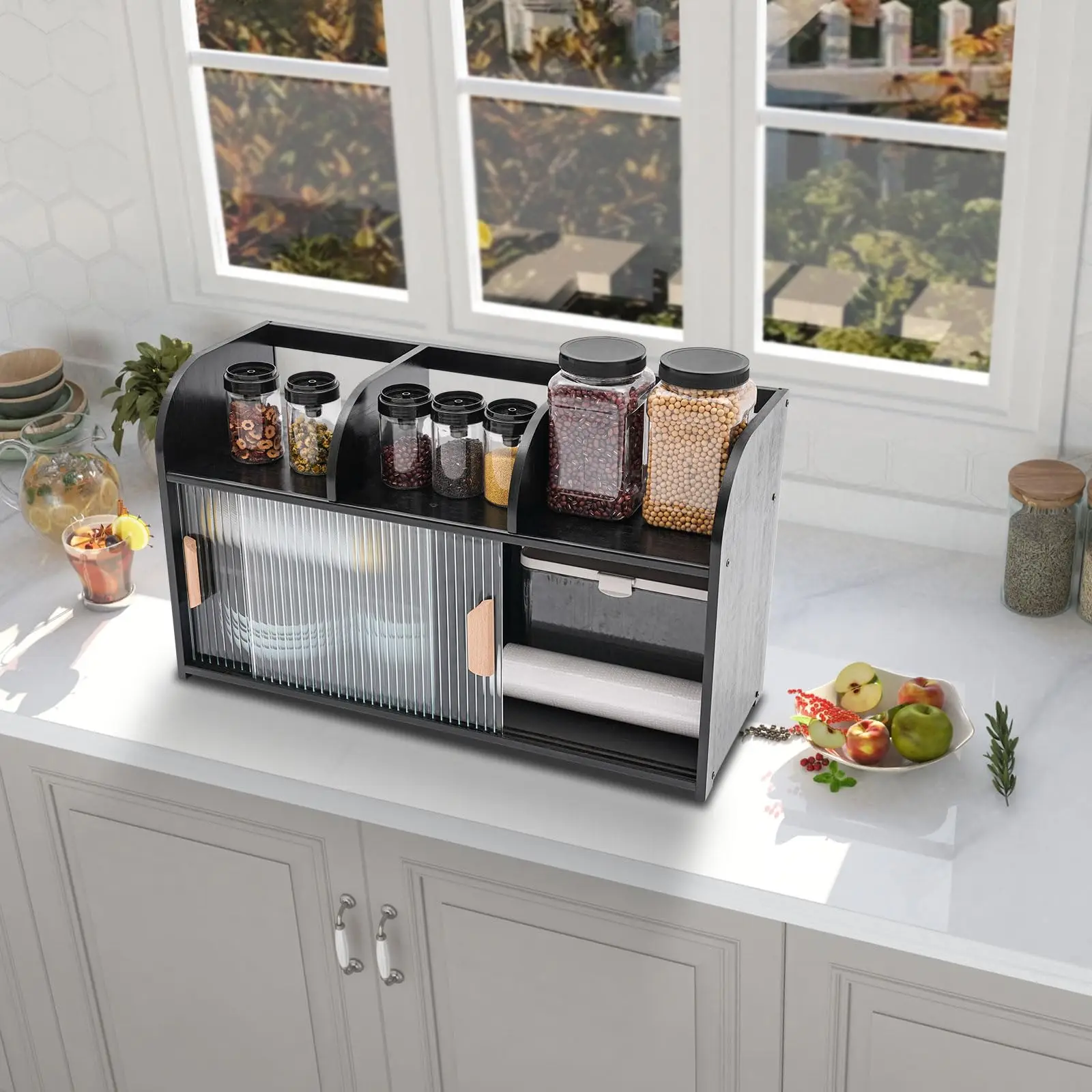 Lemari Penyimpanan Bambu, Bufet Kecil dengan Pintu Geser 3 Kompartemen Terbuka Lemari Makan Penataan Meja untuk K