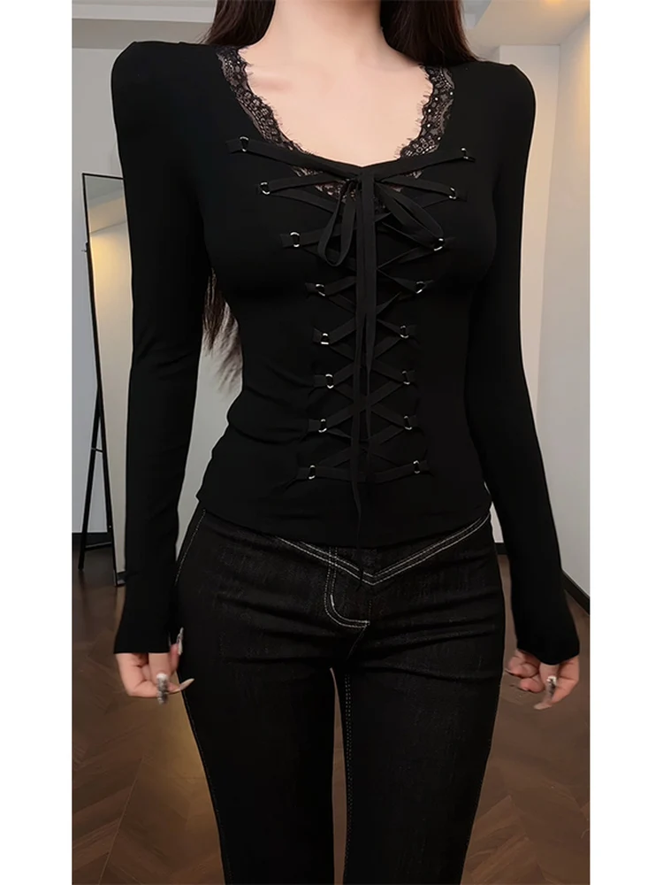 

Spicy Girl Long Sve T-irt Women's Lace Patchwork Belt V-ne Waist Cinched Outfit Autumn Season Polyester Spandex