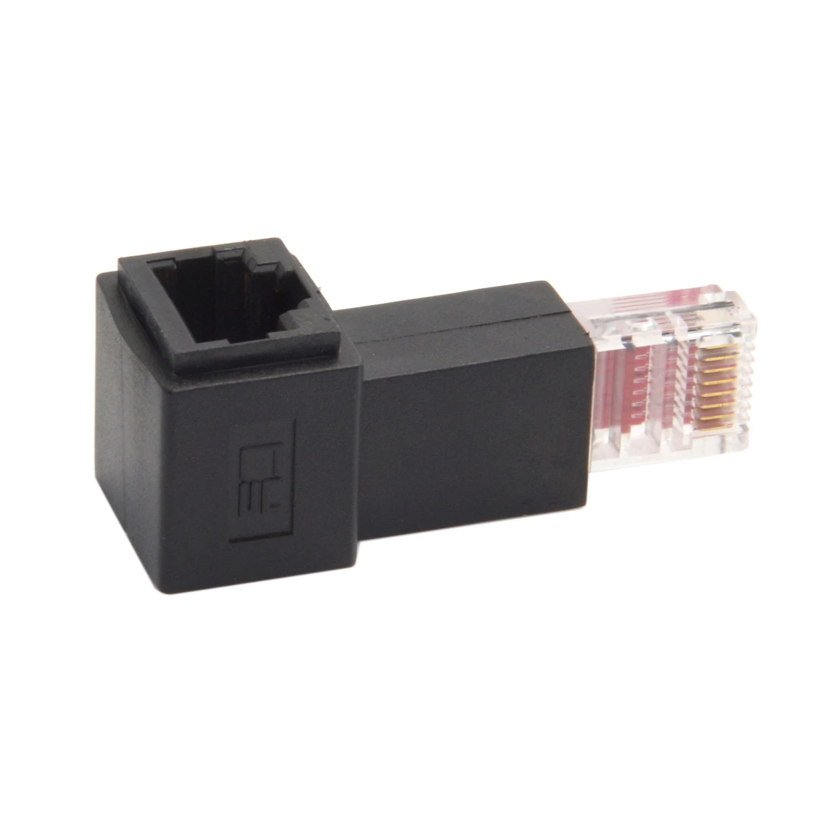 อะแดปเตอร์สำหรับต่อสายเคเบิ้ล8P8C FTP STP UTP CAT 5e ตัวผู้กับตัวเมียสายแลนอีเทอร์เน็ตสำหรับขยายเครือข่ายสีดำซ้ายขวาขึ้นที่เป็นมุมลง