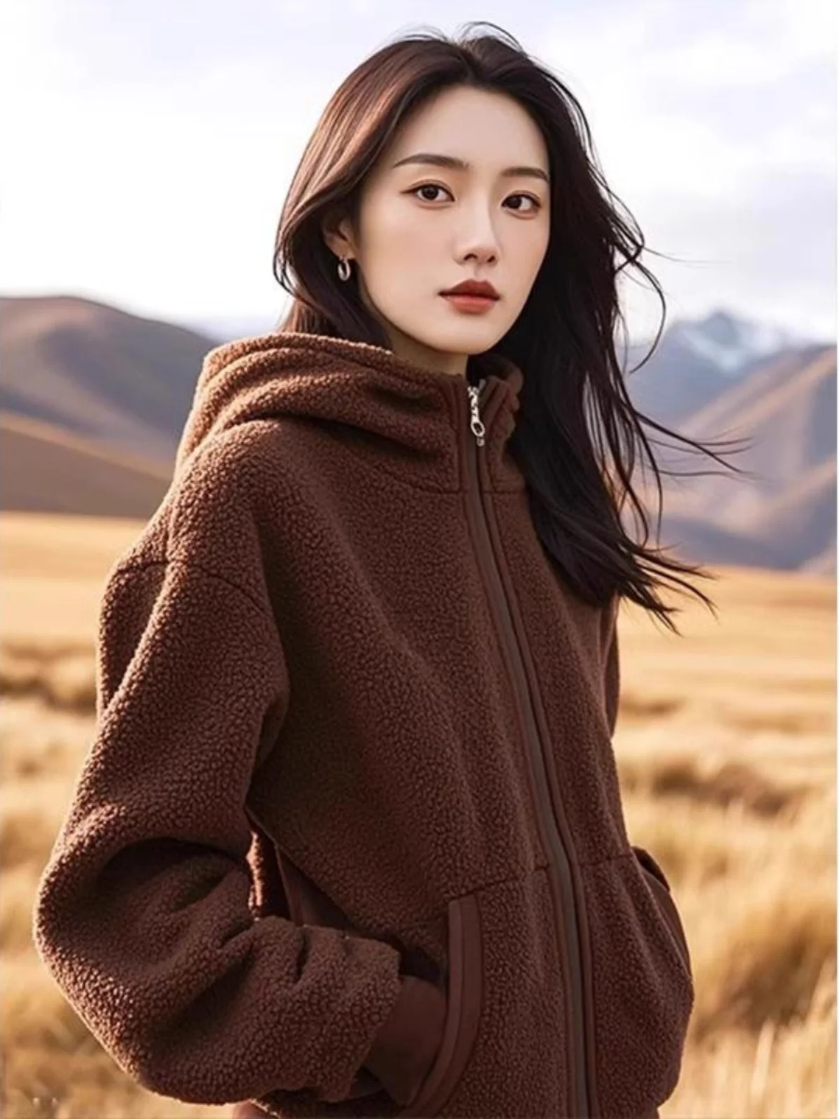 

Autumn Winter New Sle Small Fraance Wind Melanin Brown Hooded Fce Jaet Women's Lamb Fur Warm Top Commute Sle Loose...