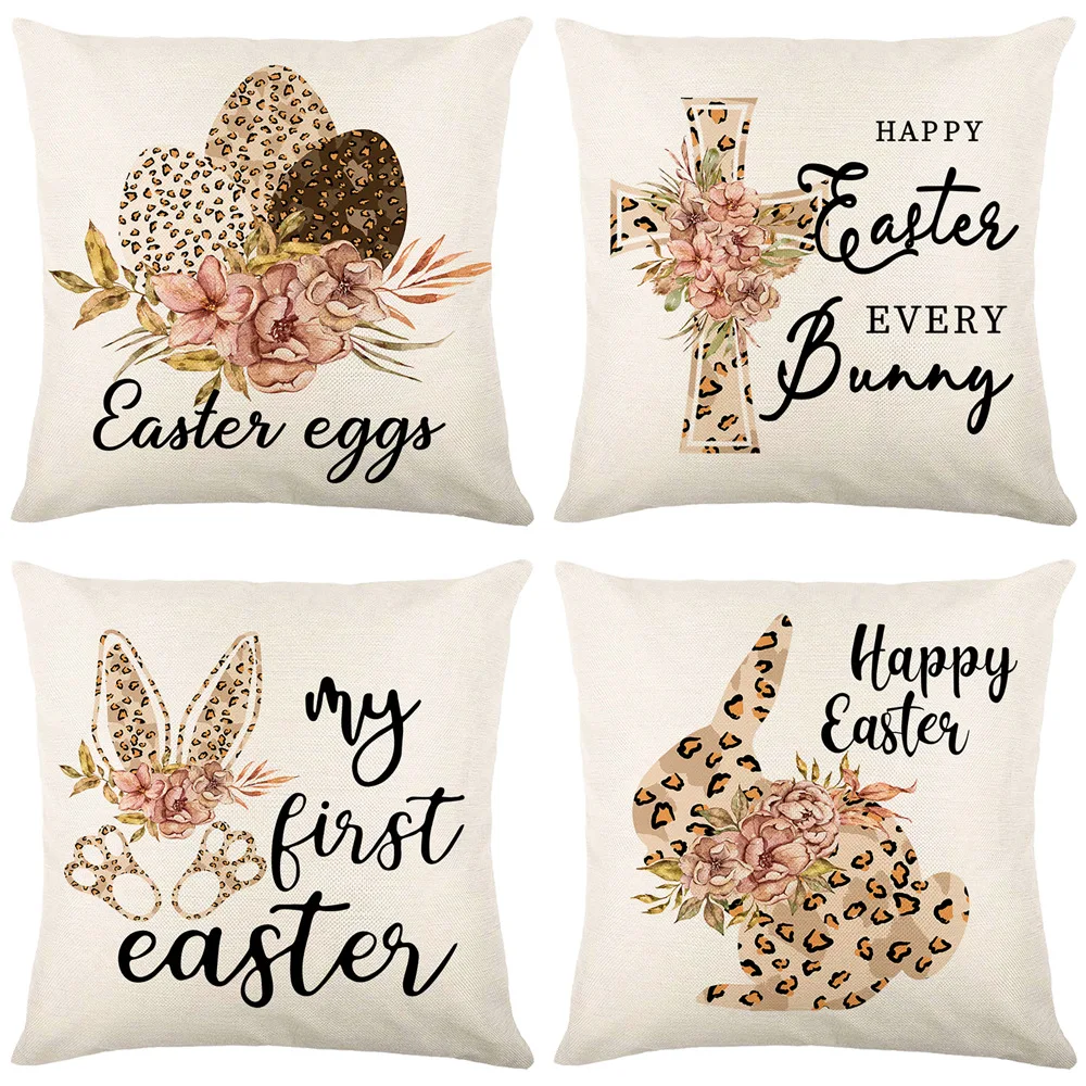 2022 New Leopard Rabbit Easter Day Cushion Cover  Linen Throw Pillowcase For Sofa Car Seat Eggs Cross Pillow Cover Family Gift