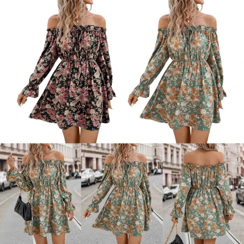 Vestido feminino com estampa floral boêmio vestido casual swing vestido férias manga comprida