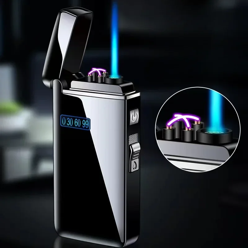 New Tiktok Metal Windproof Electric USB Lighter Torch Turbo Dual Arc LED Plasma Lighter Gas Chargeable Butane Pipe Cigar Lighter