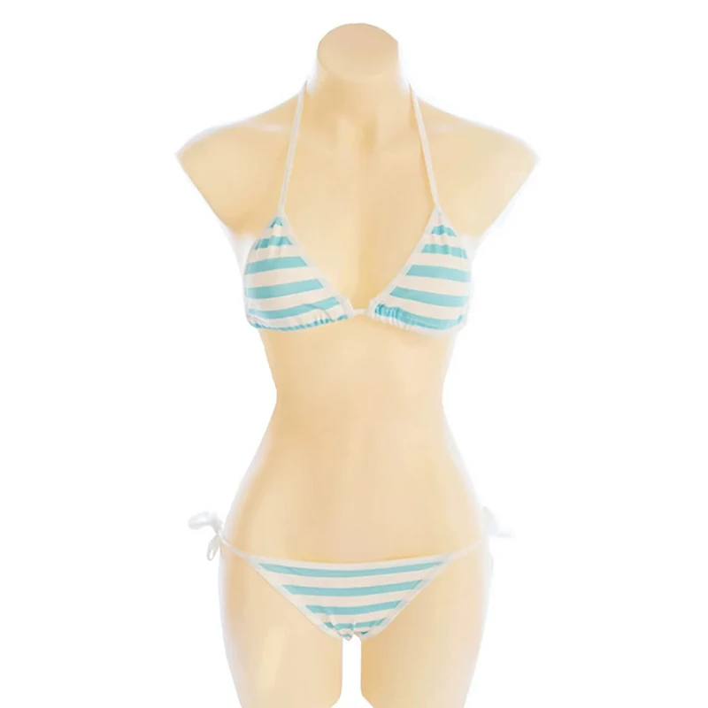 Sexy Lingerie Lolita Kawaii Blue Pink White Striped Bikini Adult Cosplay Erotic Costumes Bra Women Underwear Set