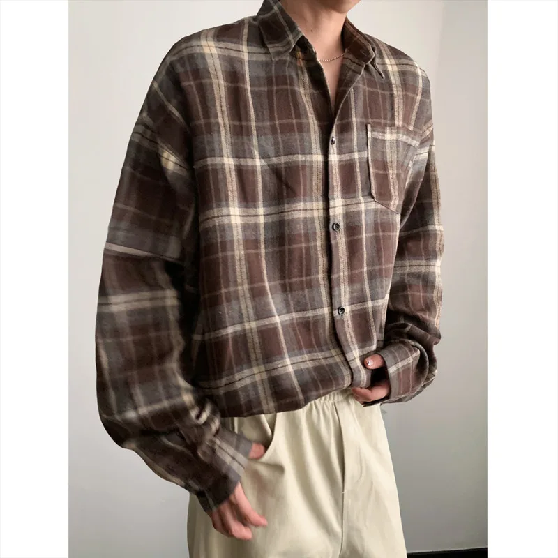 Autumn Long Sleeved Shirt Men Fashion Retro Plaid Shirt Men Japanese Streetwear Loose Brown Casual Shirts Mens Large Size 4XL