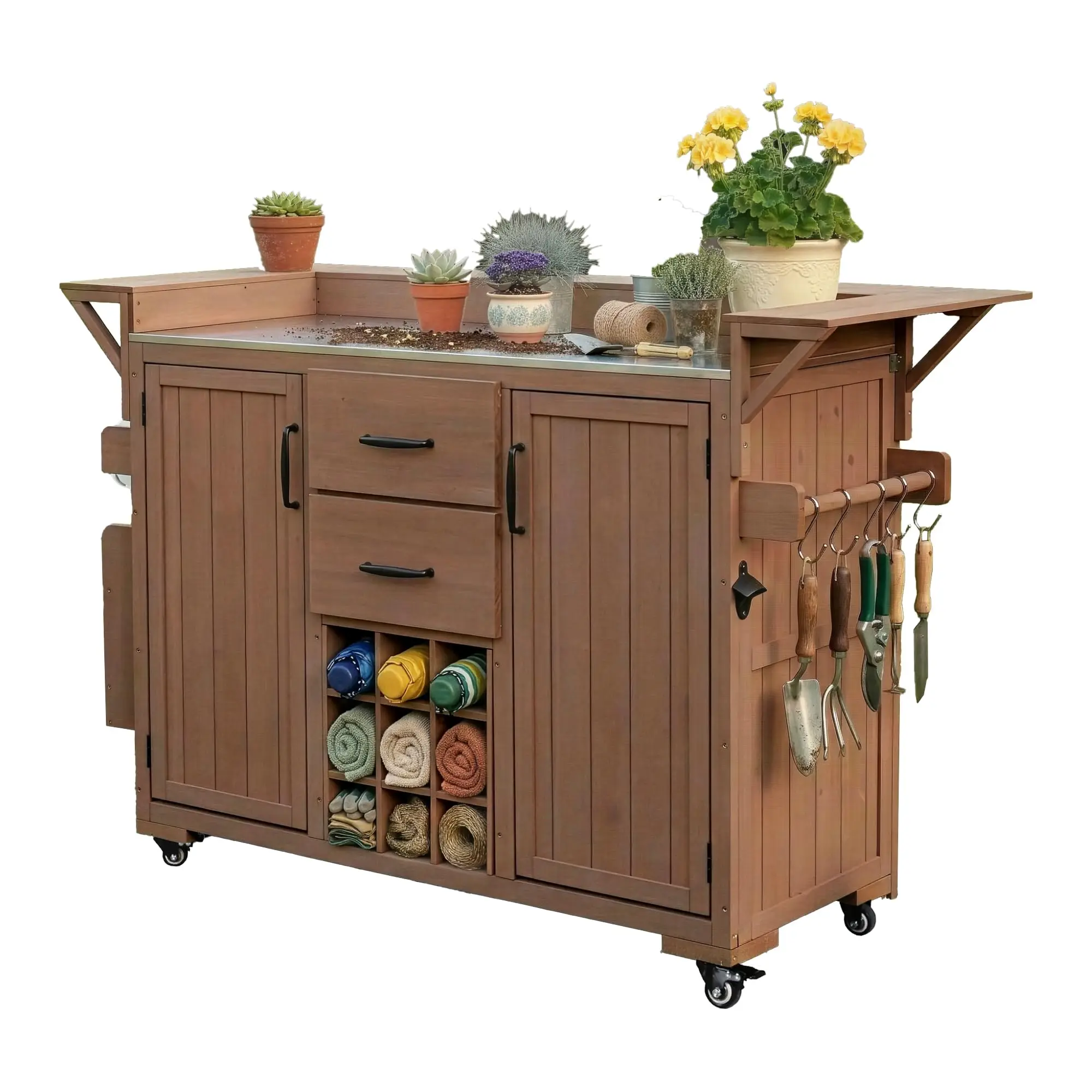 Potting Bench/Outdoor Kitchen Island with Stainless Steel Top, Storage Drawers, Cabinet, Spice Rack & Wine Rack