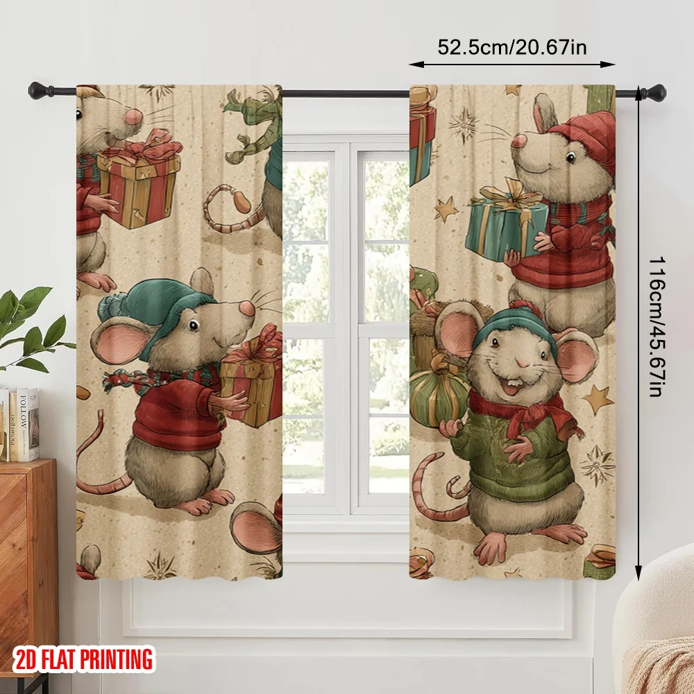 2pcs,2D plane printing Popular Curtain Panels Santa Hat Mice_ Snowflakes& Presents Versatile Durable Polyester (without rod)