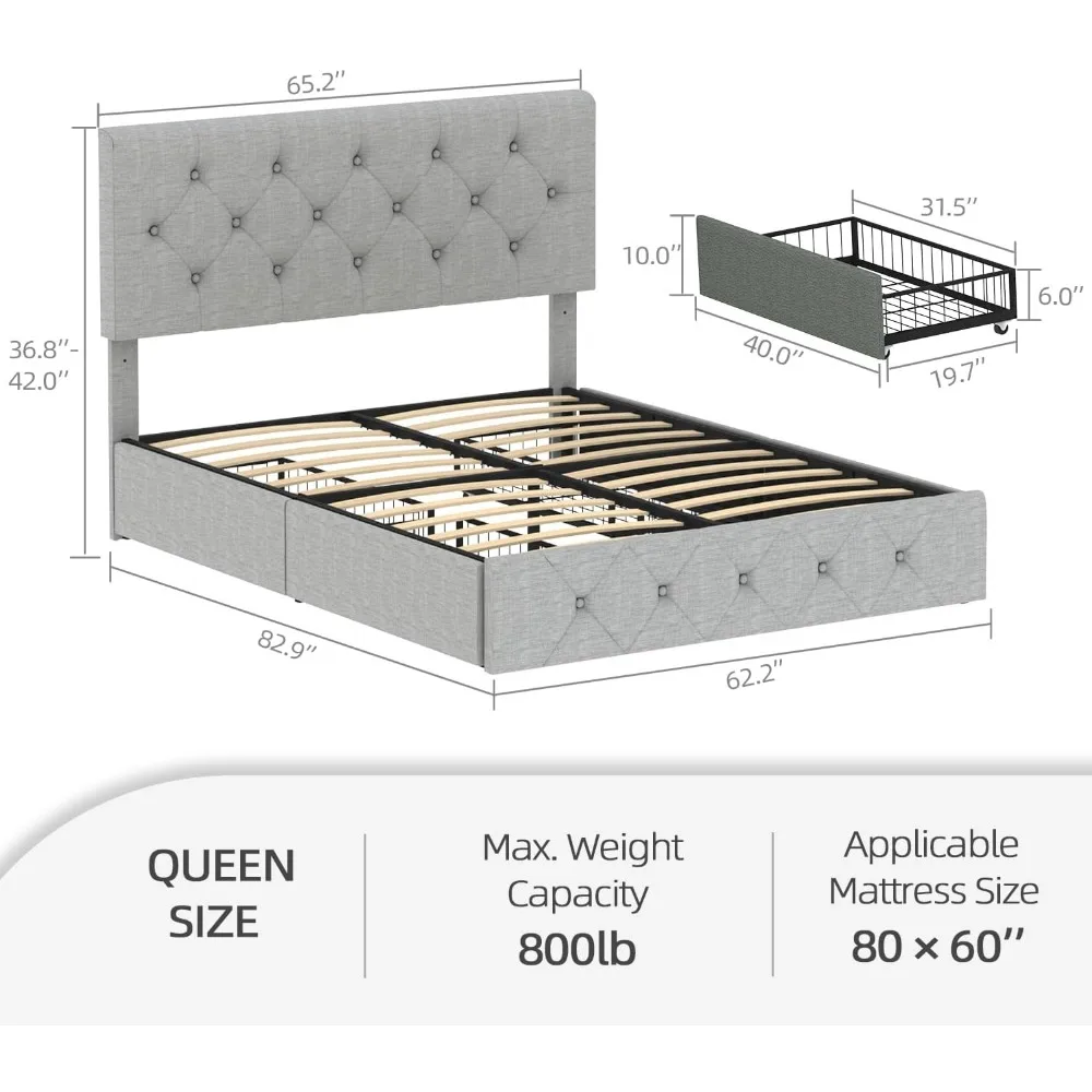 Queen Size Bed Frame Platform with 4 Storage Drawers, Adjustable Tufted Button Linen Headboard, No Need for a Box Spring