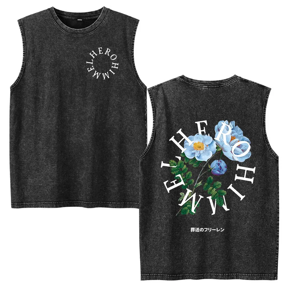 Anime Frieren Beyond Journey's End Stark Vintage Washed Vest T-shirt Men's Clothing Harajuku Kawai Cotton Sleeveless Tank Tops