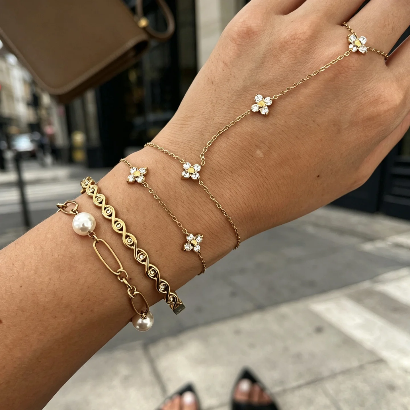Dainty Crystal Flower Clover Hand Chain Connected Finger Ring Women Minimalist Link Chain Bracelet Bangle Stack Wrist Jewelry