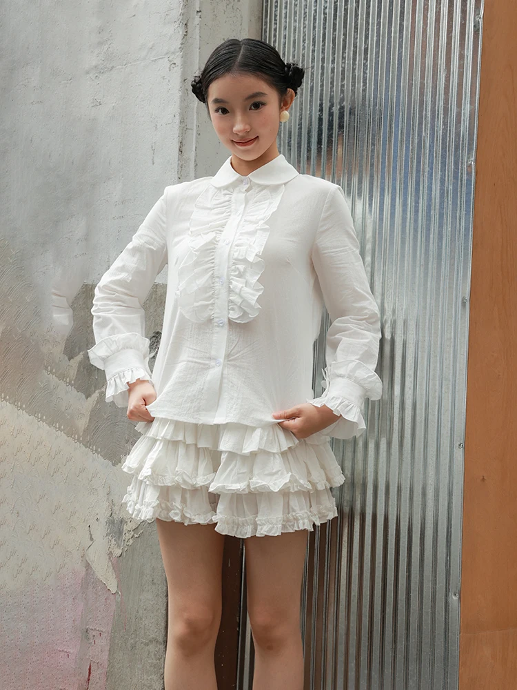 Elegant White Shirt Set Vintage  Gentle South King Pigeon Manual Cake Skirt Long Sleeve Cotton Button-Up Fashion Set