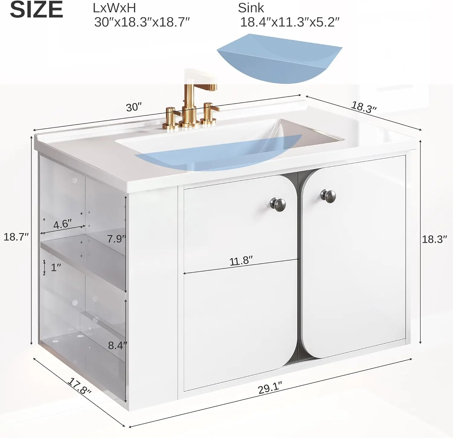 IRONCK 30" Bathroom Vanity with Sink, Floating Bathroom Sink Cabinet with LED Light & Extra Shelves, High GlossBathroom Vanities
