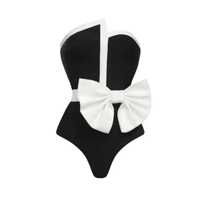 One Piece Swimsuit For Women Black And White Color Matching Bow Tube Top Premium Sense One-piece Swimsuit Set Women's European