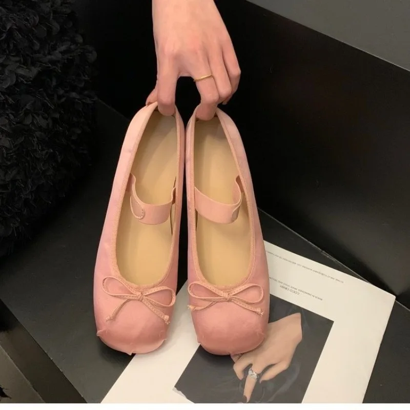 New Luxury Satin Silk Ballet Shoes Woman Classic Square Toe Bowtie Elastic Band Ballerina Flats Ladies Soft Loafers