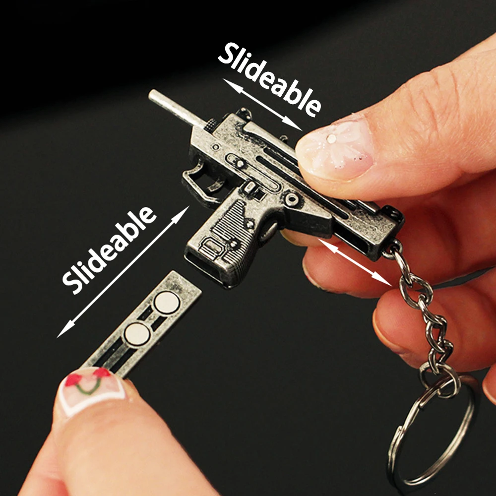 5cm Mini Uzi Pendant Keychain for Men Boys Magnetic Sliding Keyring for Fps Gamer Backpack Bag Car Key Chain Decorative Jewelry