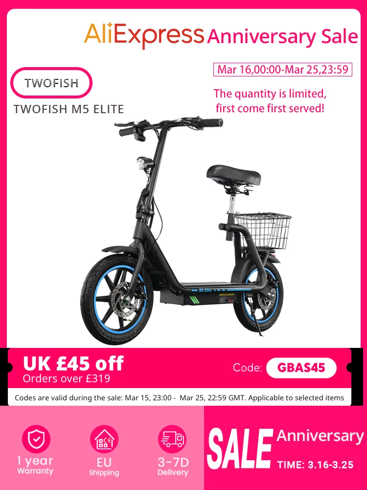 AliExpress Twofish TWOFISH M5 ELITE Electric Scooter,500W,48V 13Ah,14“Tires,45km/h Max,30km Range,Dual Disc Brake,Dual Front & Rear Suspension