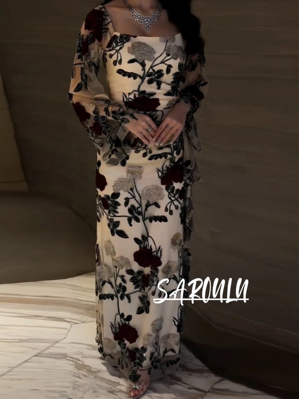 

Floral Square Neck Evening Dress Elegant Straight Wedding Guest Party Prom Gown Newest Charming Long Sleeves Women Wear
