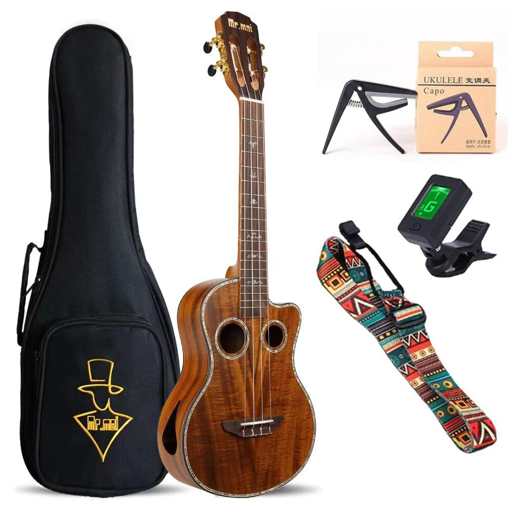 Mr.mai ML-T Tenor 26 inch Ukulele Ukulélé Koa Wood Mini Hawaii Guitar Double Sound Hole Ukeleles With Gig Bag/Tuner/Strap/Capo