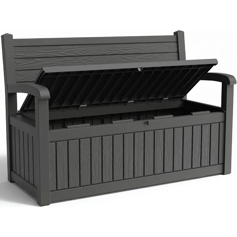 Outdoor Storage Bench, Lockable for Patio Furniture Weather-Resistant Polyethylene, Charcoal Gray, Holds 300 lbs, UV-Protected,