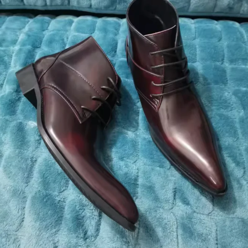 

Crossover Strap Shoes for Men Pointed Toe Chunky Low Heels Patent Leather Tacones Male Boot Sewing Lines Chassure Hommes Pleated