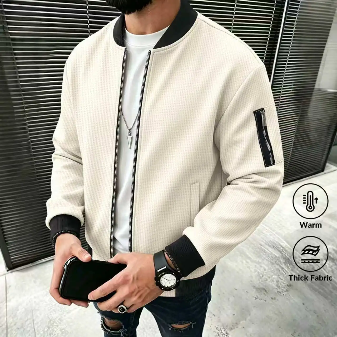 Men's Breathable Waffle Knit Bomber Jacket Zip up Stand Collar Streetwear Coat Contrast Trim New Arrival 2026