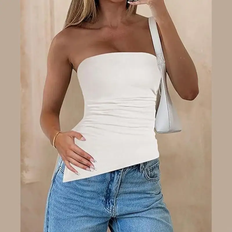 50LE Women Off Shoulder Tube Top Strapless Ruched Asymmetrical Split Bandeau Vest