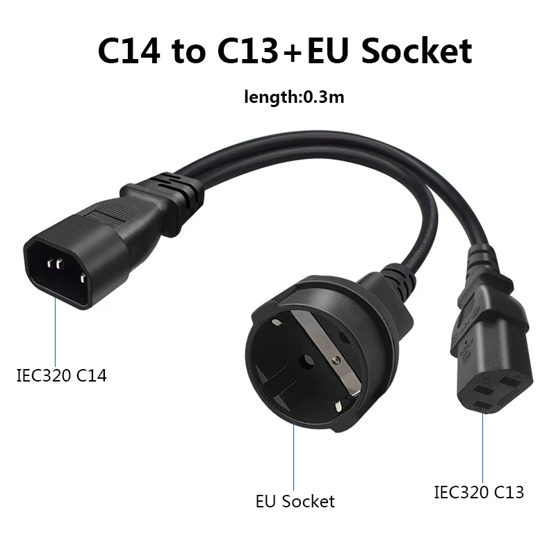 Cable de alimentación de extensión divisor tipo Y C14 a 2 vías C13 UE 4,8mm adaptador de Cable de doble interruptor PDU UPS convertidor de conector 0,3 M