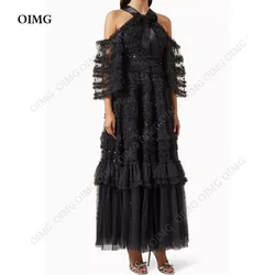 OIMG Black Luxury Fluffy Prom Dresses Tulle Ruffles Crystals Shiny Women Short A Line Sequins Elegant Evening Gowns Customized