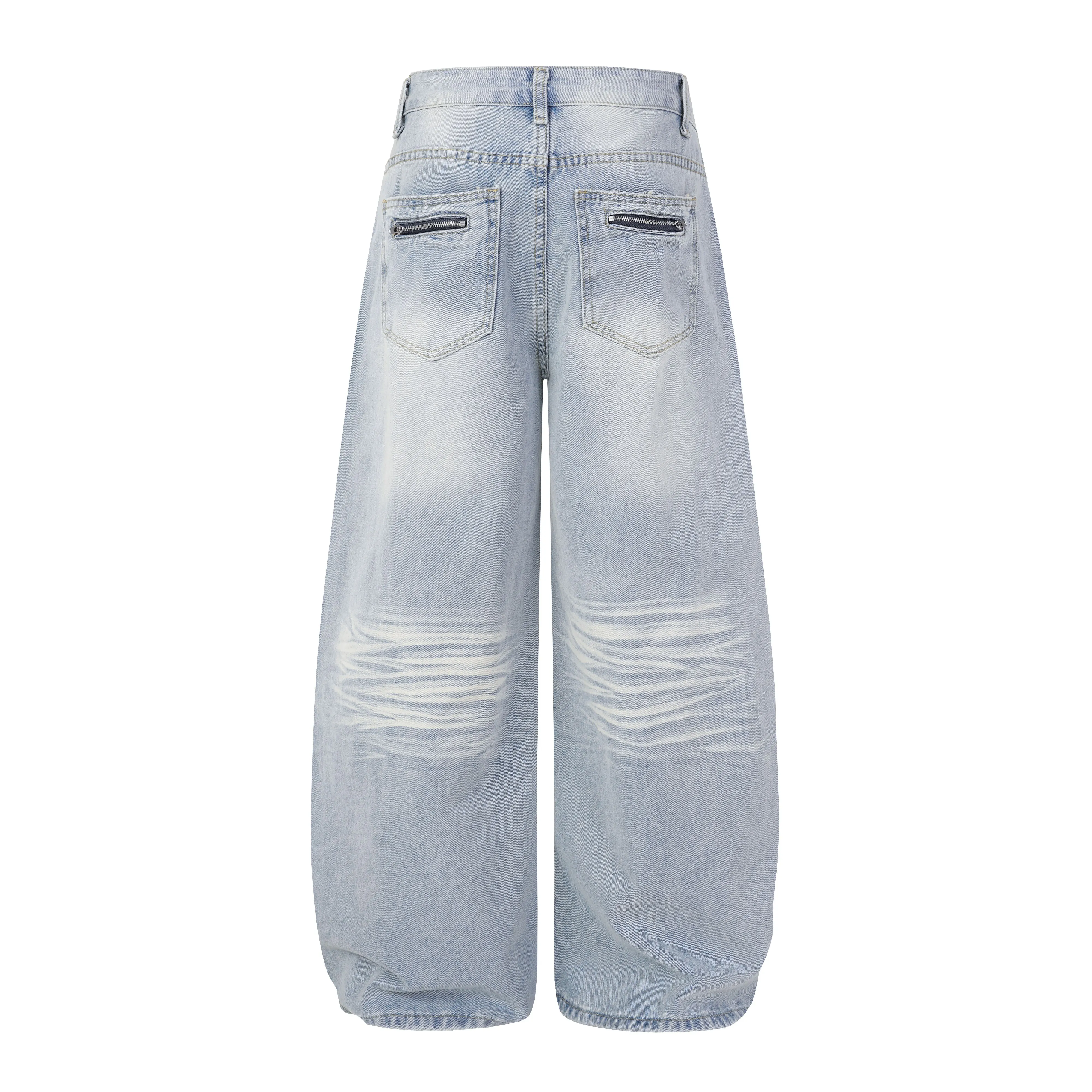 High street washed cat fur ripped hole skinny jeans for men and women, loose and casual wide-leg light blue trousers