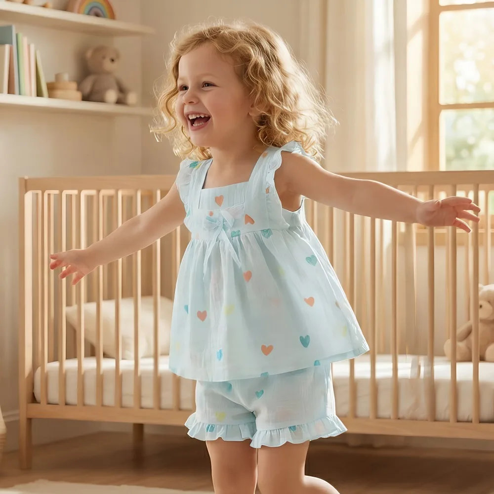 Sommer Mädchen Ärmellose Trägertops und Blütenblatt-Shorts Zweiteilige Sets Atmungsaktive Kinder-Mode-Outfits Atmungsaktives Westen-Set Neu