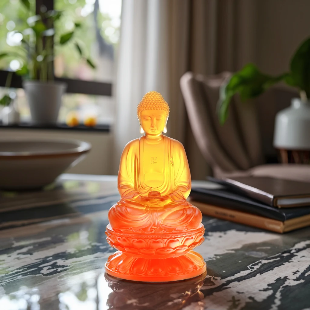 

Handmade Sakyamuni Buddha Statue With Alms Bowl Double Layer Lotus Base Liuli Crystal Sculpture for Serene Meditation Decor