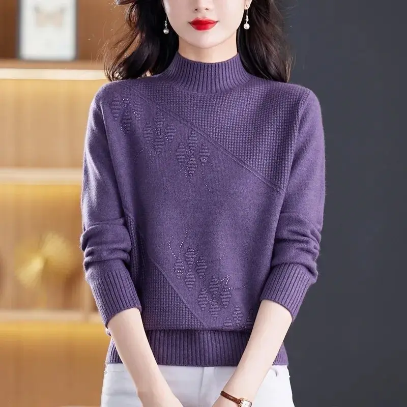 Flattering Half High Collar Rhinestone Women's Clothing Solid Color Pullover Long Sleeve Sweater Knitted Autumn Winter Tops