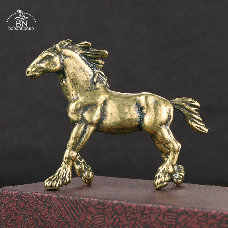 Solid Pure Brass War Horse Small Statue Vintage Desk Ornament Zodiac Animla Figurines Miniatures Tea Pet Home Decorations Crafts