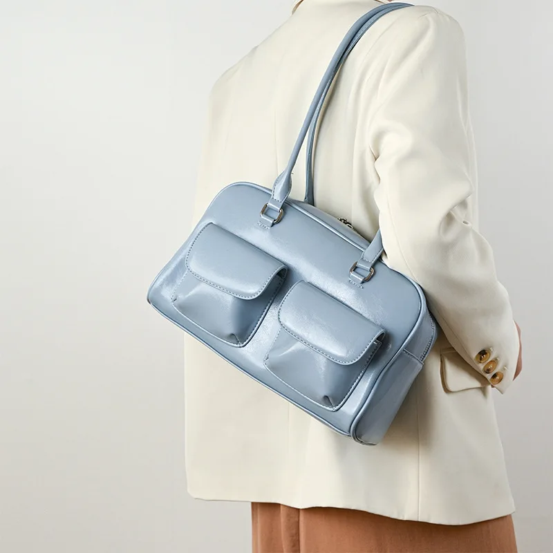 

Женская сумка-тоут из вощеной искусственной кожи с двойными карманами, повседневная сумка через плечо