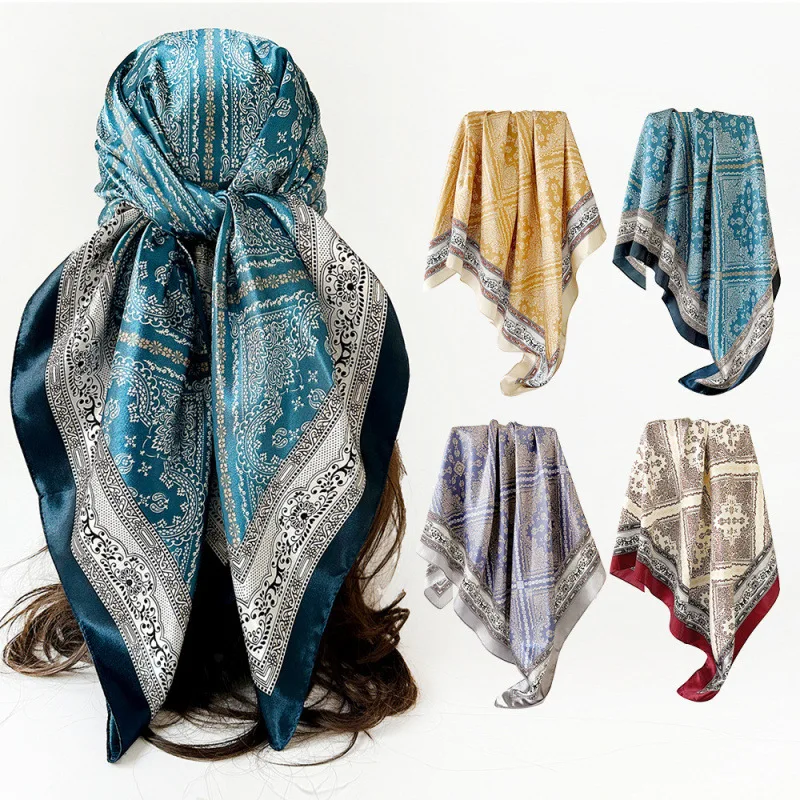 

1pcs 90*90cm Fashion Paisley Print Square Silk Scarves Women Women Fashion Hijab Shawls Femme Bandana Beach Head Scarf