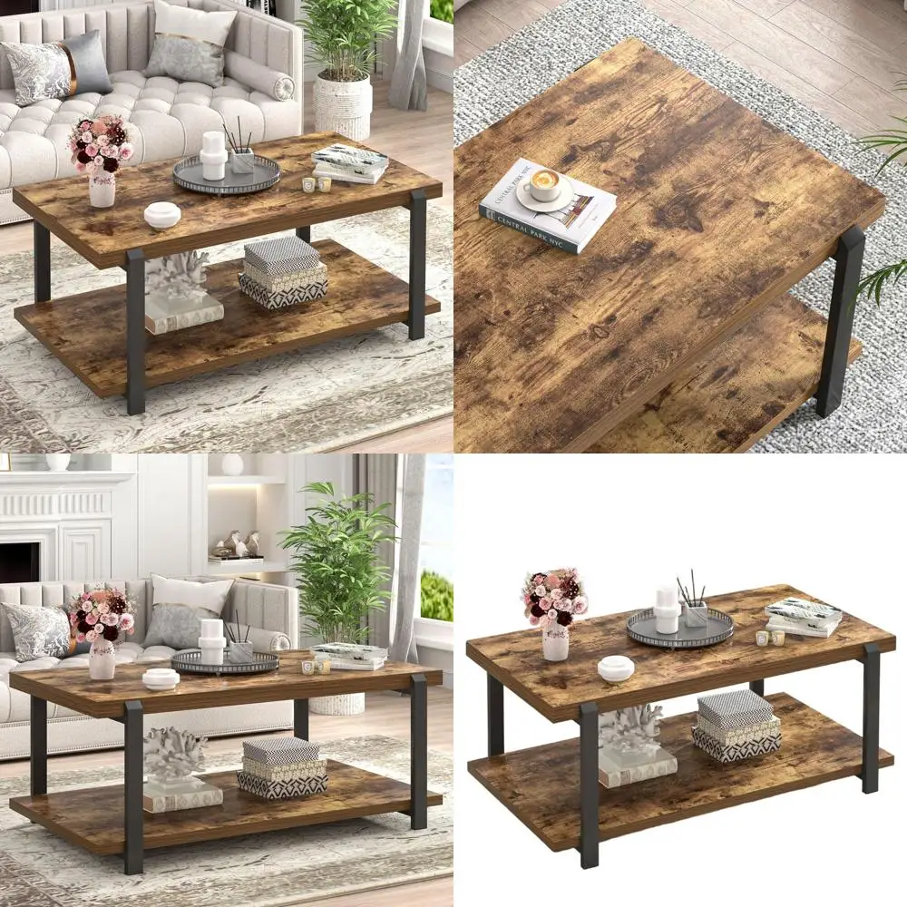 

Rustic Storage Coffee Table, Brown Wood Centerpiece for Living Room, Industrial Style 2-Tier Cocktail Table
