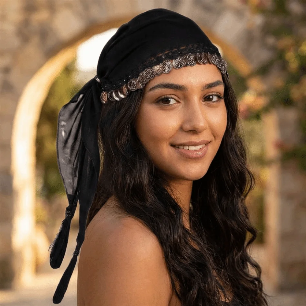 Women Pretty Belly Dance Accessories Traditional Veil Coin Headscarf Crochet Ethnic Pattern Dance Costume Headwear Gypsy Dance
