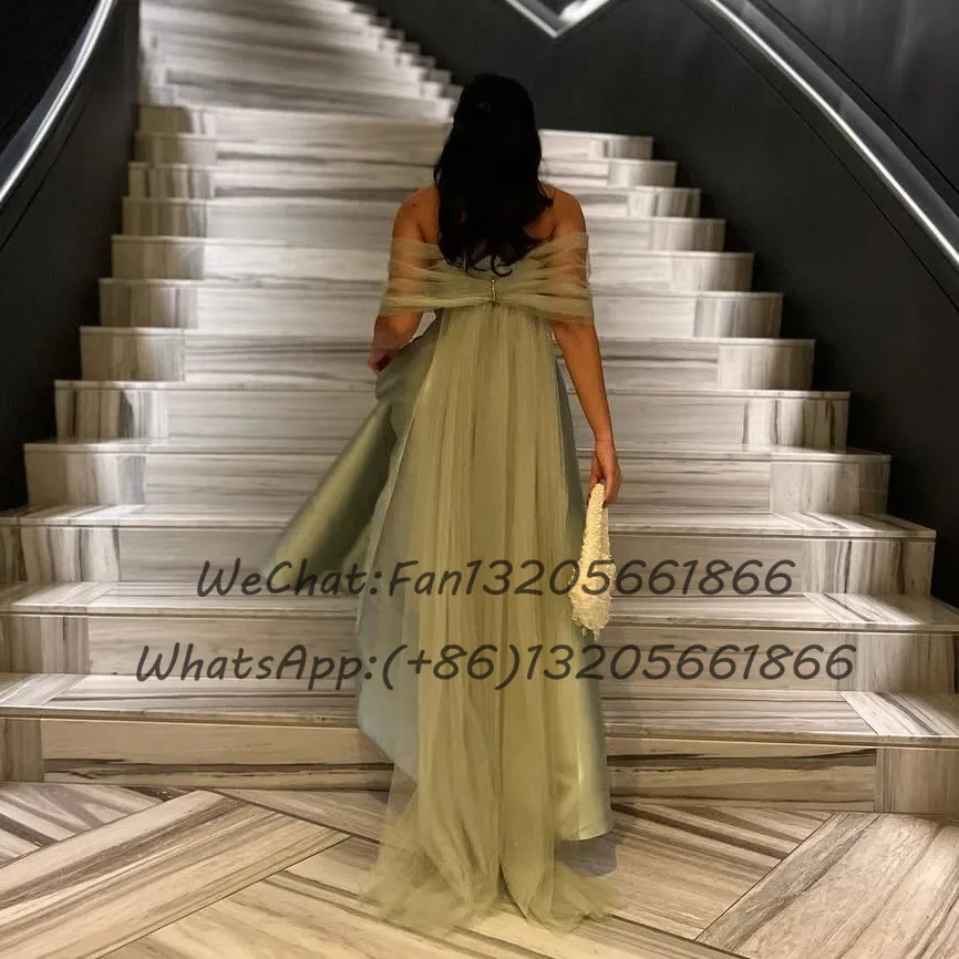 Formal Satin Long A-line Bridesmaid Dresses Sheer Off Shoulder Boat Neck Streamer Wedding Party Dress Women Backless Prom Gown