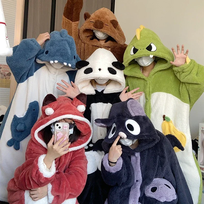 Damen Onesies Flanell Cosplay Kostüm Dinosaurier Panda Fuchs Tier Pyjama Cartoon Kapuze Nachtwäsche Halloween Weihnachten Nachthemd