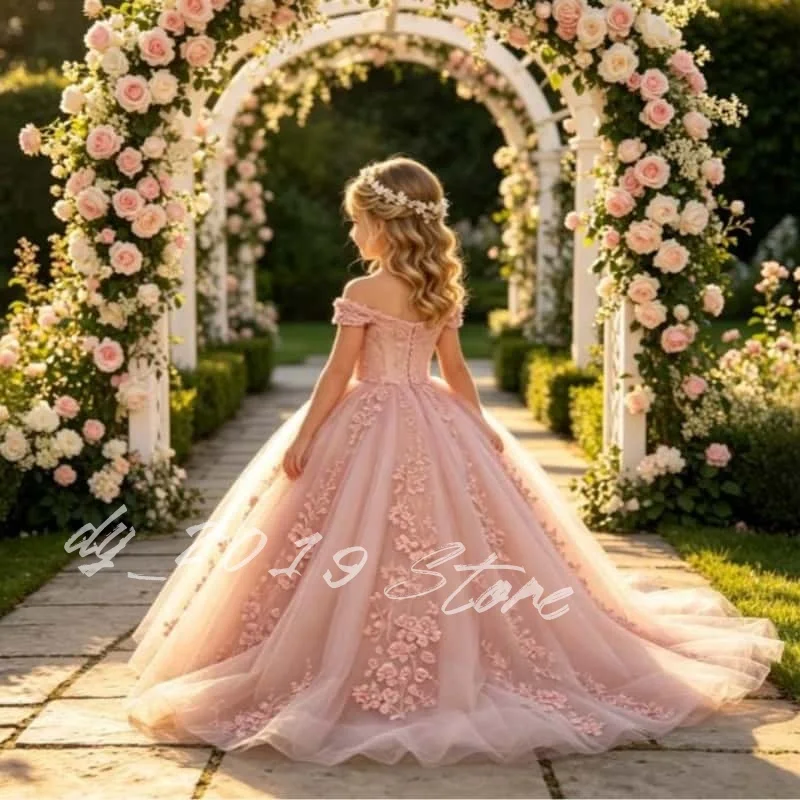 Customized Flower Girl Dress for Wedding Romantic Pink Lace Off Shoulder Sweetheart Neck Floral Appliqués Tulle Princess Gown