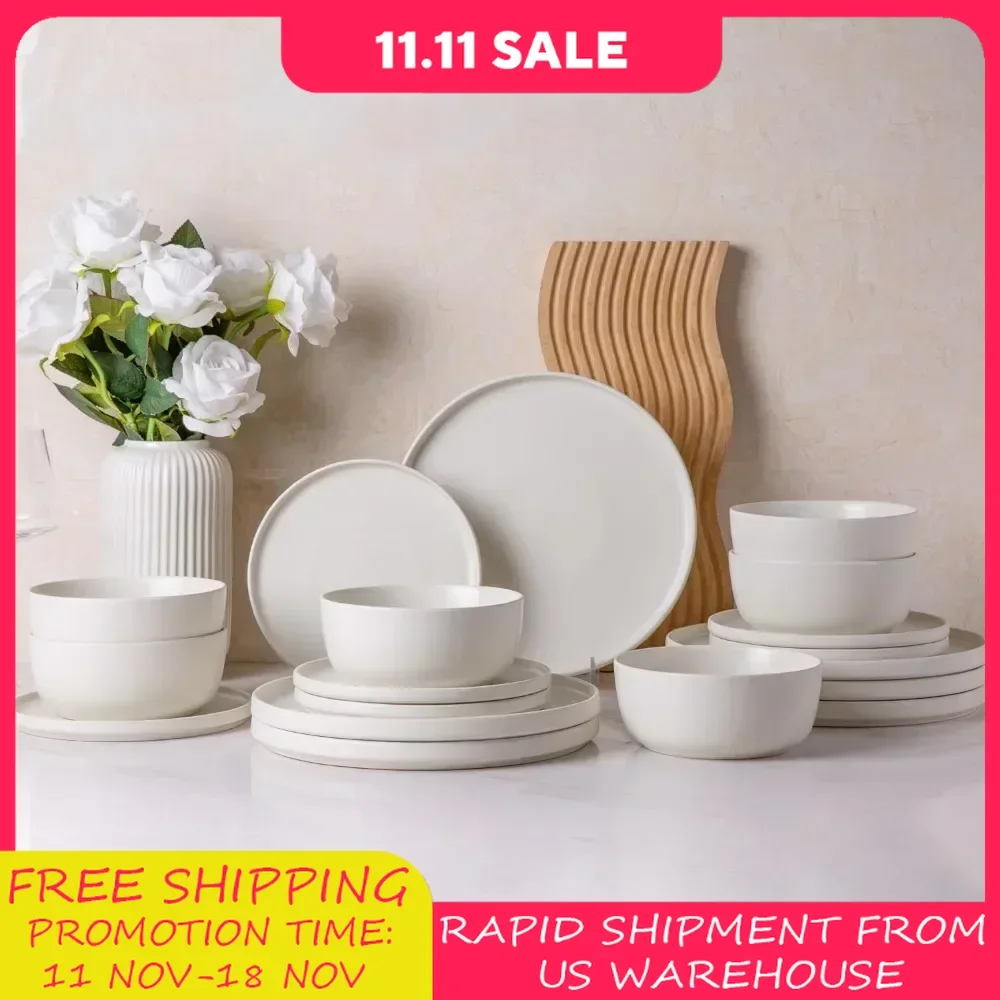 18pc Ceramic Plates and Bowls Set, Highly Chip and Crack Resistant, Dishwasher & Microwave Safe, Round Dishes Set Service for 6