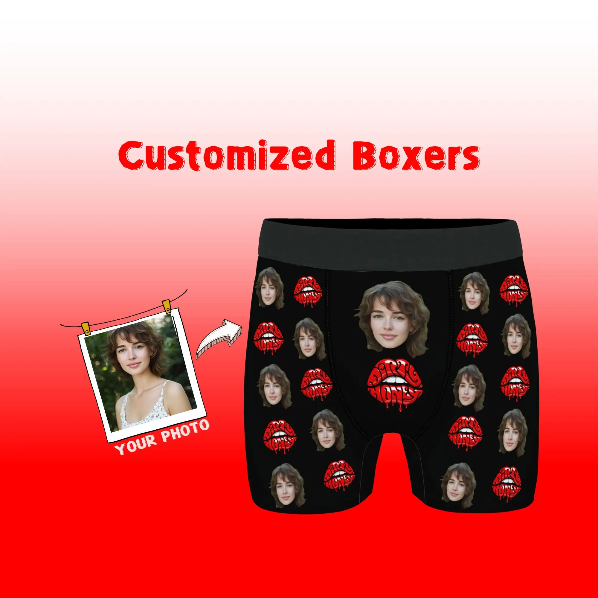 

Personalized Valentine's Day Gift for Him Custom Face Men's Boxer Briefs Underwear Black Red Lips Love Face Print Sweet Romantic
