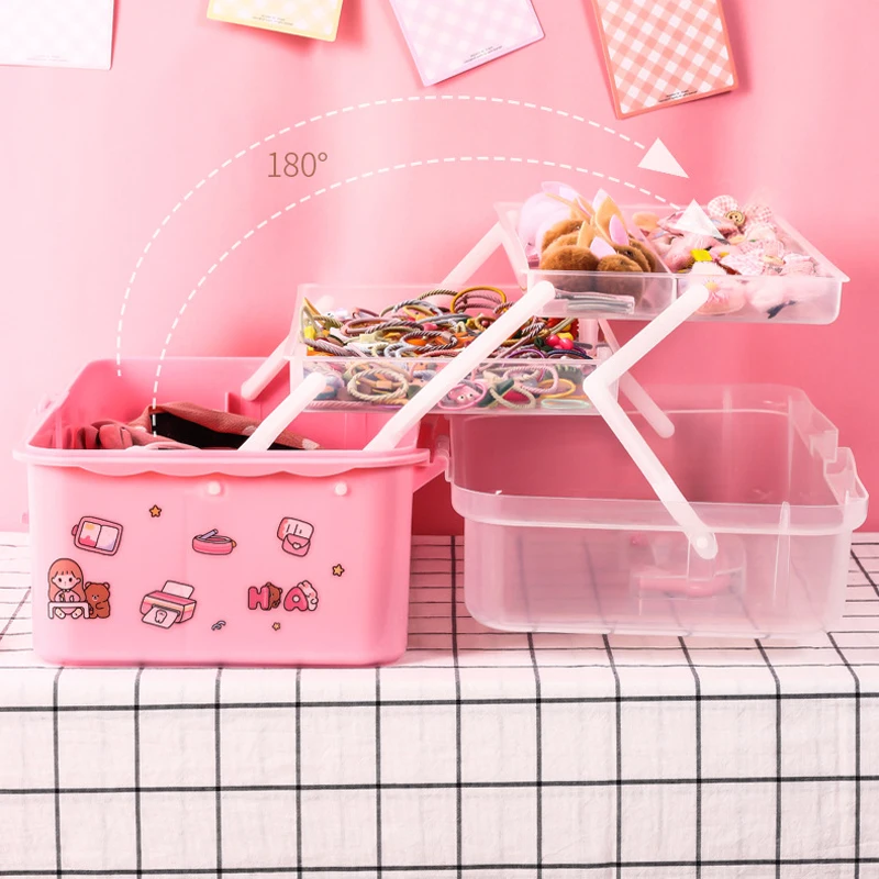 

Children Hair Strap Accessories Storage Box Hairpin Rubber Band Jewelry Makeup Organizer 3 Layer Classify Portable Jewelry Case