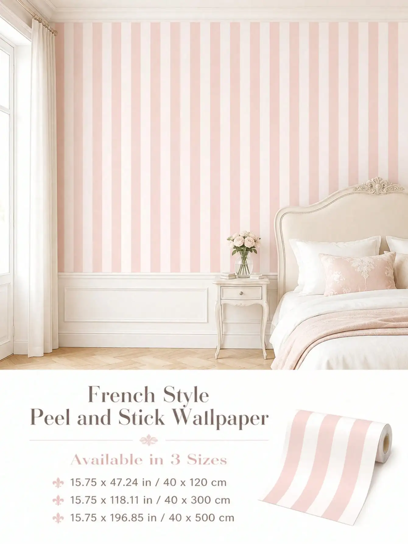SUPSTICKER 1 Roll Pink Striped Wallpaper, Thickened Waterproof Removable Self-Adhesive, 15.75x47.24/118.11/196.85 Inches, Suitable For Bedroom Living Room