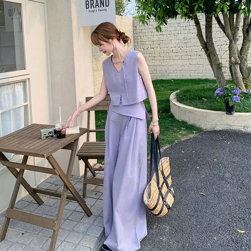 

Широкие женские брюки, комплект из двух предметов, роскошный топ и низ, корейская стильная одежда, повседневные элегантные шикарные женские брюки фиолетового цвета